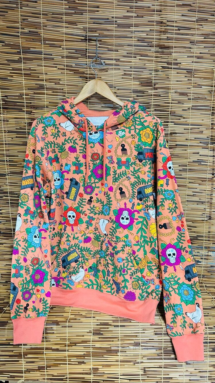 Roberto Lugo Hoodie Mens Medium (M) Multicolor Fleece Pullover Graphic Skull Flo